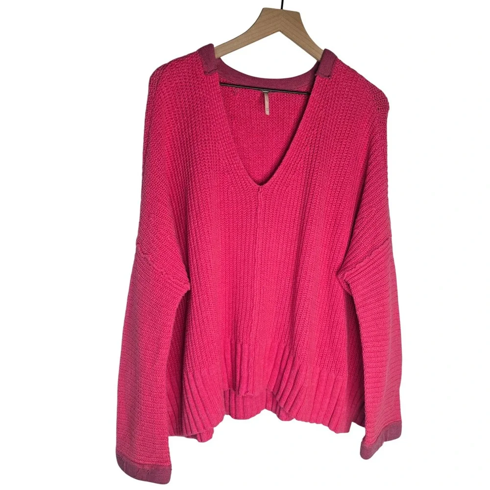 Free People My Only Sunshine Sweater Women XS Pink Cotton Blend Oversized V-Neck